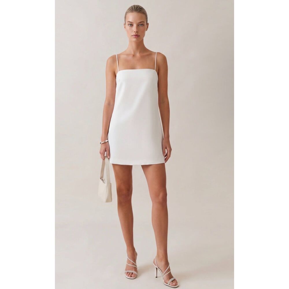 Few Moda x kourt Sue White Satin Square Neck Tie Strap Mini Dress Women's M NWT